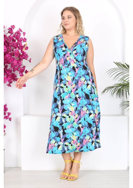 Kadın Mavi Floral Suluboya Desen Kolsuz Kruvaze Yaka Büyük Beden Maxi Elbise