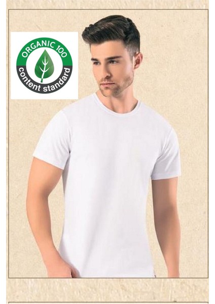 2 Adet, Organik Pamuk & Likralı, Yuvarlak Yaka Erkek T-Shirt & Fanila, Beyaz, Ocs Sertifikalı