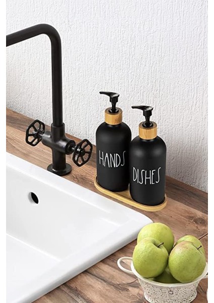 2 Li Bambu Altlıklı Sıvı Sabunluk Seti Siyah