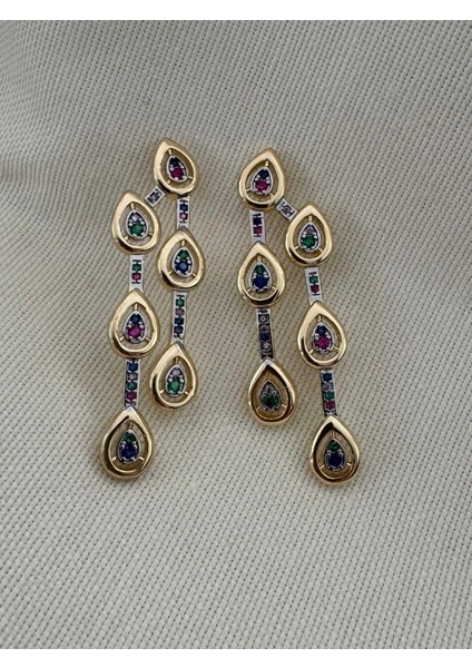 Melis G. Modeli Renkli Taşlı Çift Sıralı Küpe