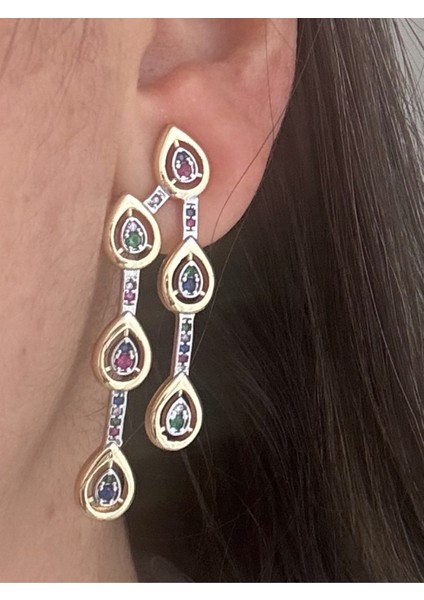 Melis G. Modeli Renkli Taşlı Çift Sıralı Küpe