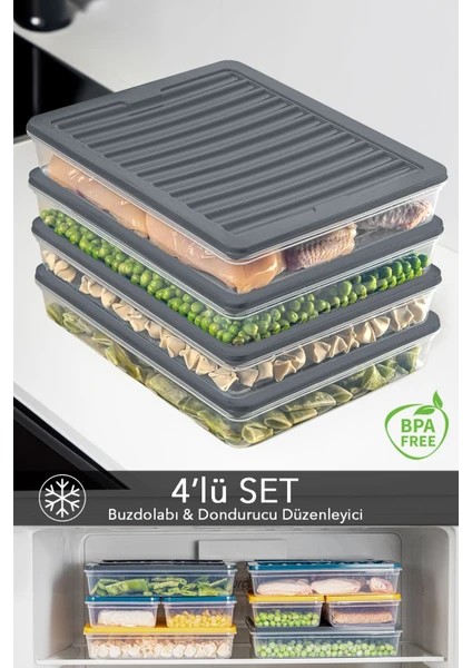 4'lü Set 2400 ml Buzdolabı Düzenleyici Buzluk ve Mikrodalga Saklama Kabı