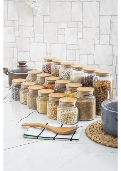 18'Li Bambu Kapaklı Cam Kavanoz & Erzak Saklama Kabı Seti 3* 1.3 Lt + 0.80 Lt + 0.50 Lt(Vakum Kapak)