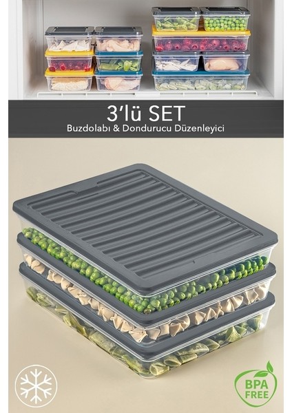 3'lü Buzdolabı Organizer Mikrodalga ve Difrize Uygun Saklama Kabı Antrasit 3 x 2400ML