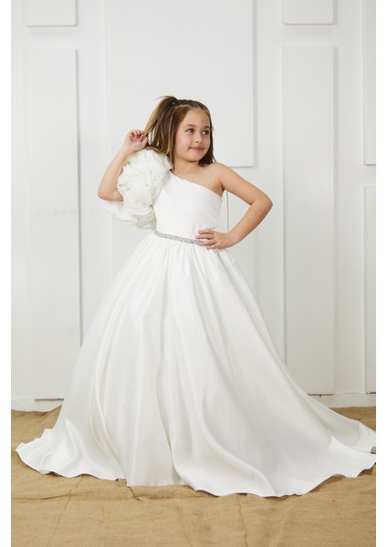 Beyaz Rosetta Kız Çocuk Abiye Elbise, Özel Gün, Girl Evening Dress Toddler Dress