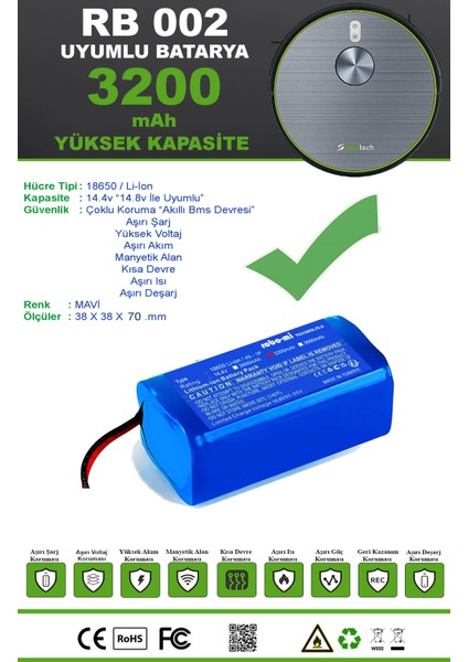 Soultech RB002 Uyumlu Robot Süpürge Bataryası 3200 Mah