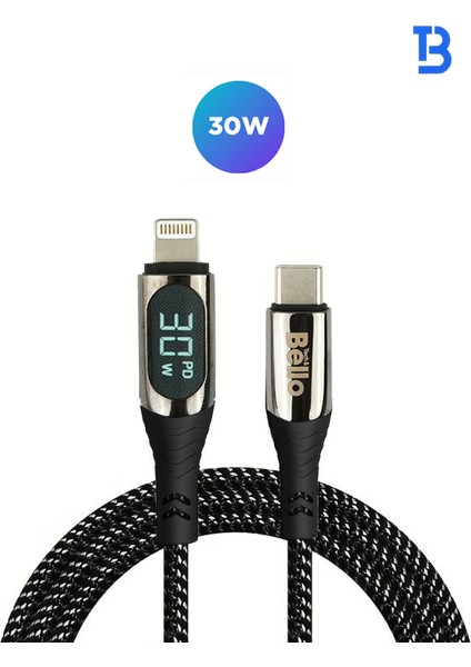 BA-03 Type-C Lightning Göstergeli Örgülü Hızlı Şarj Data Kablosu 30W 1.2m