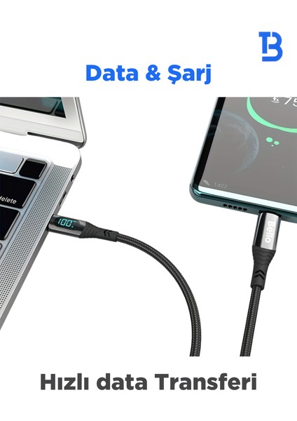 BA-03 Type-C Lightning Göstergeli Örgülü Hızlı Şarj Data Kablosu 30W 1.2m