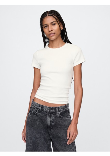 Kadın Kırık Beyaz Modern Rib Crop T-Shirt