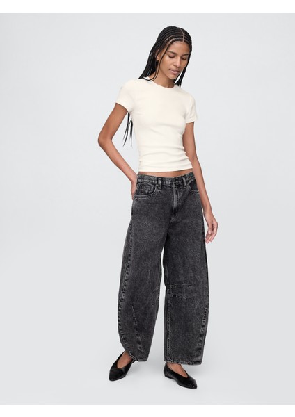 Kadın Kırık Beyaz Modern Rib Crop T-Shirt