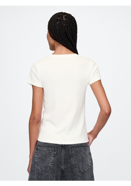 Kadın Kırık Beyaz Modern Rib Crop T-Shirt