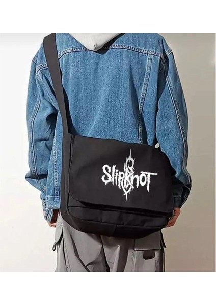 Rock Serisi Slipknot Baskılı Unisex Siyah Postacı Çantası