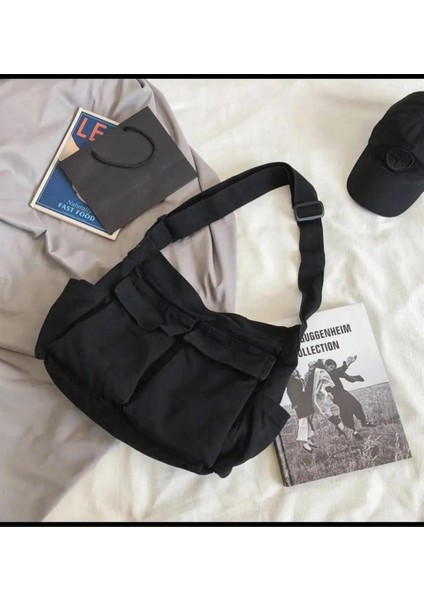 Vintage Unisex Kargo Cep Iç Hacmi Geniş Siyah Postacı Çanta
