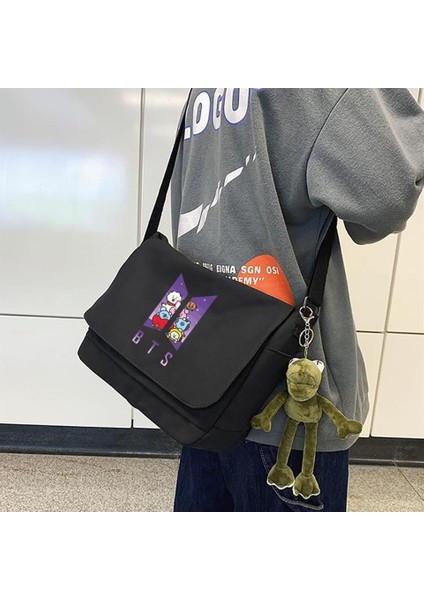 K-Pop Serisi Bts & BT21 Baskılı Unisex Siyah Postacı Çantası