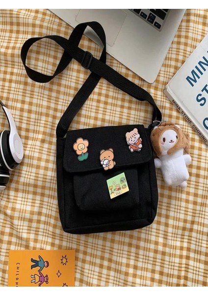 Kawaii Cep Detaylı Unisex Kanvas Siyah Omuz Çantası