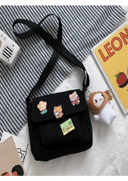 Kawaii Cep Detaylı Unisex Kanvas Siyah Omuz Çantası