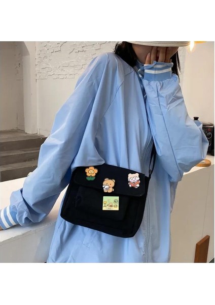 Kawaii Cep Detaylı Unisex Kanvas Siyah Omuz Çantası