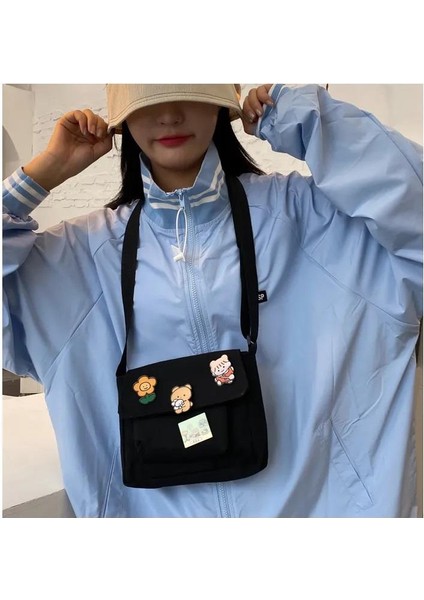 Kawaii Cep Detaylı Unisex Kanvas Siyah Omuz Çantası