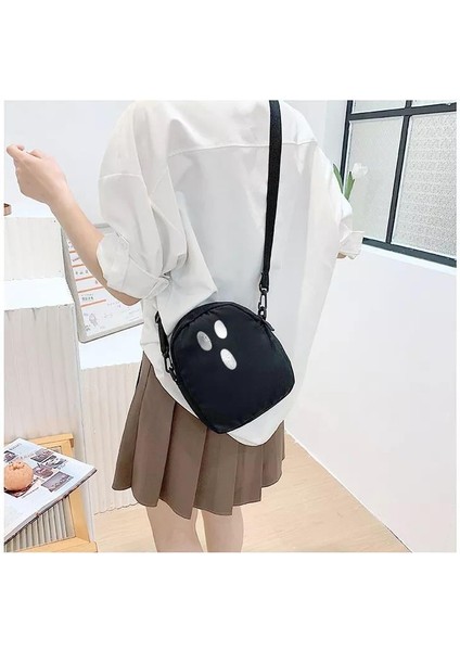 Confused Face Baskılı Fermuarlı Unisex Kanvas Siyah Omuz Çantası