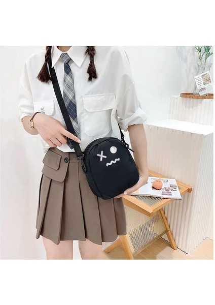 Expressionless Face Baskılı Fermuarlı Unisex Kanvas Siyah Omuz Çantası