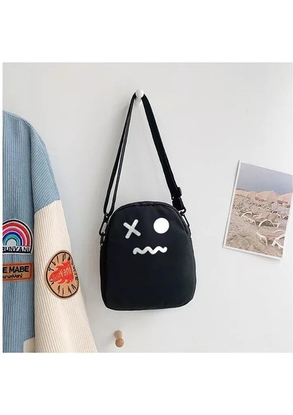 Expressionless Face Baskılı Fermuarlı Unisex Kanvas Siyah Omuz Çantası