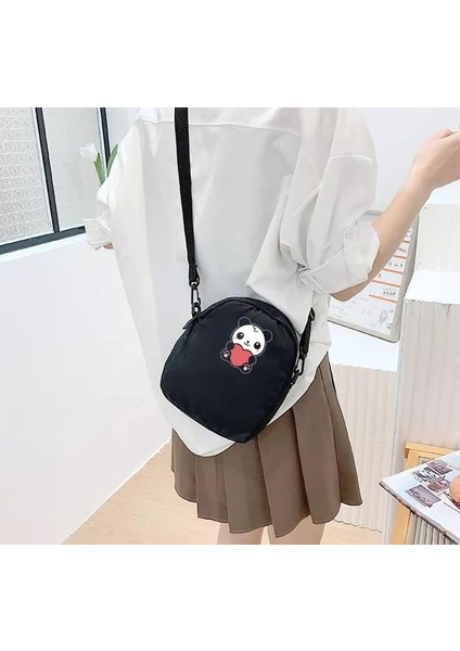 Panda With Heart Baskılı Fermuarlı Unisex Kanvas Siyah Omuz Çantası