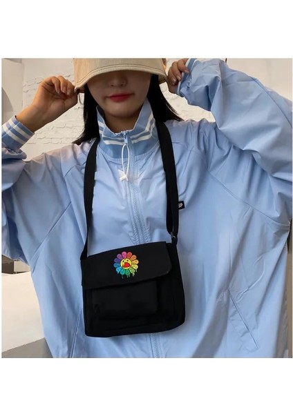 Boiling Flower Baskılı Cep Detaylı Unisex Kanvas Siyah Omuz Çantası