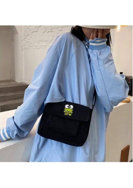 Confused Frog Baskılı Cep Detaylı Unisex Kanvas Siyah Omuz Çantası