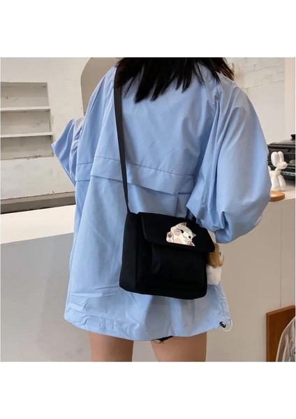 Naughty Cat Baskılı Cep Detaylı Unisex Kanvas Siyah Omuz Çantası