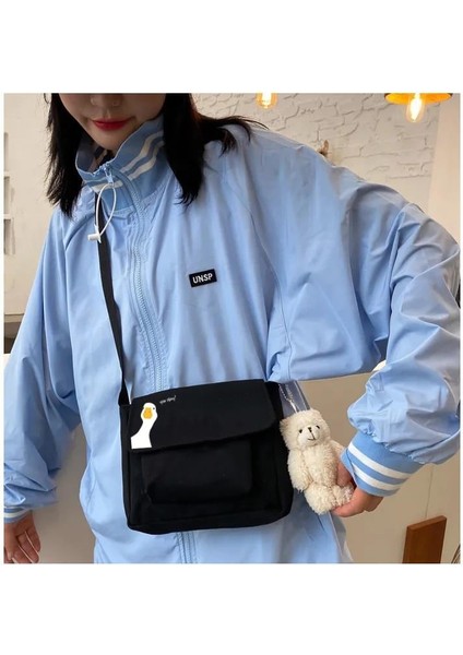 You Okay? Baskılı Cep Detaylı Unisex Kanvas Siyah Omuz Çantası