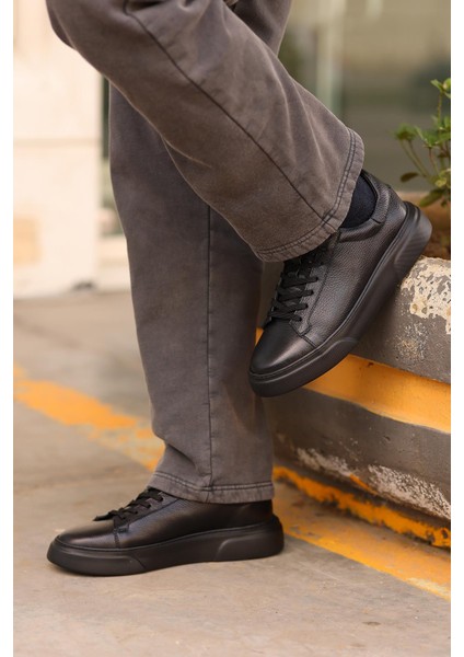 - Siyah Hakiki Deri Bağcıklı Erkek Sneaker 800-2501