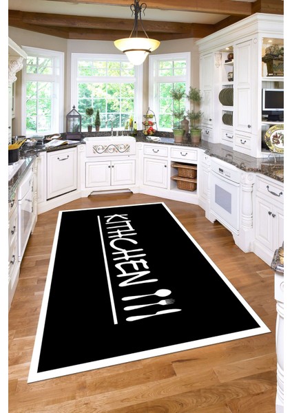 Baskılı Modern Kitchen Yazılı Yıkanabilir Kaymaz Yolluk Salon Mutfak Halısı, Mutfak-67-Siyah,