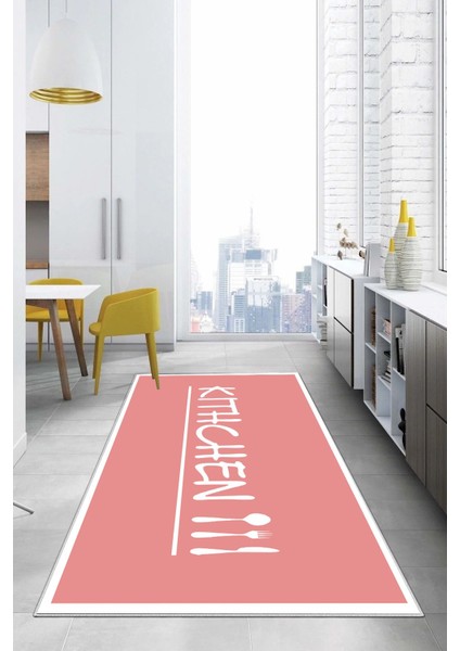 Baskılı Modern Kitchen Yazılı Yıkanabilir Kaymaz Yolluk Salon Mutfak Halısı, Mutfak-67-Pembe,