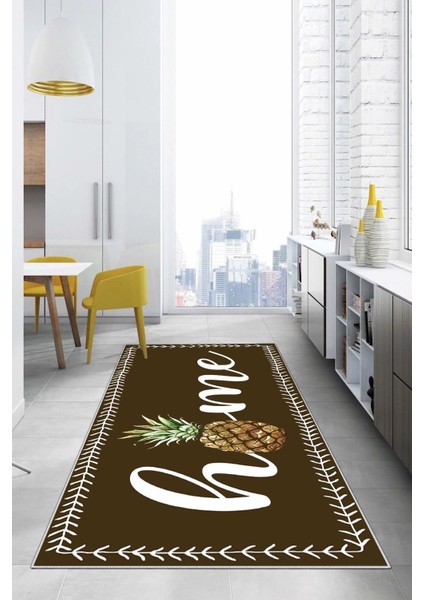 Dijital Baskılı Ananas Motifli Yıkanabilir Kaymaz Yolluk Salon Mutfak Halısı, Mutfak-89-Kahve,