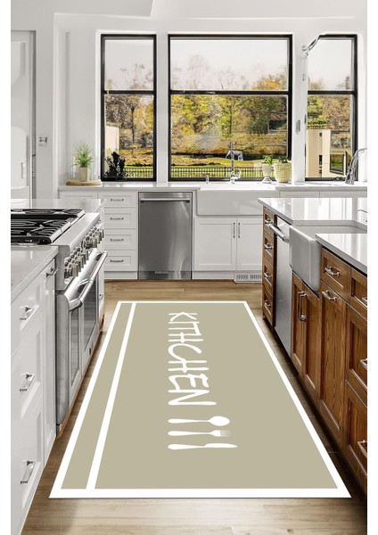 Baskılı Sade Modern Kitchen Yazılı Yıkanabilir Kaymaz Yolluk Salon Mutfak Halısı, Mutfak-91-Bej,
