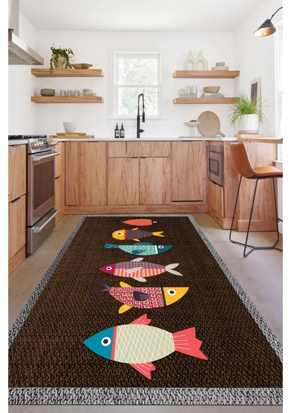 Dijital Baskılı Balık Figürlü Yıkanabilir Kaymaz Yolluk Salon Mutfak Halısı, Mutfak-51-Kahve,
