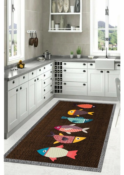 Dijital Baskılı Balık Figürlü Yıkanabilir Kaymaz Yolluk Salon Mutfak Halısı, Mutfak-51-Kahve, fiyatları