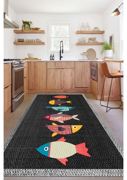 Dijital Baskılı Balık Figürlü Yıkanabilir Kaymaz Yolluk Salon Mutfak Halısı, Mutfak-51-Gri,