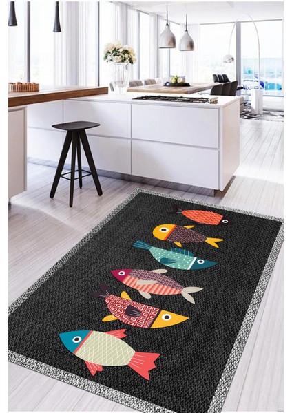 Dijital Baskılı Balık Figürlü Yıkanabilir Kaymaz Yolluk Salon Mutfak Halısı, Mutfak-51-Gri, fırsatları