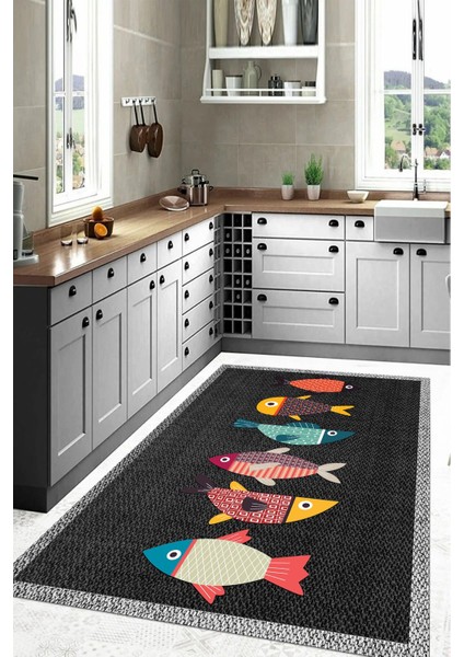 Dijital Baskılı Balık Figürlü Yıkanabilir Kaymaz Yolluk Salon Mutfak Halısı, Mutfak-51-Gri, indirimleri