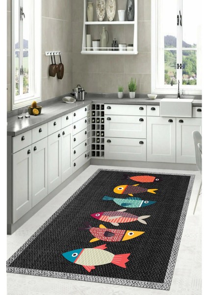 Dijital Baskılı Balık Figürlü Yıkanabilir Kaymaz Yolluk Salon Mutfak Halısı, Mutfak-51-Gri, fiyatları