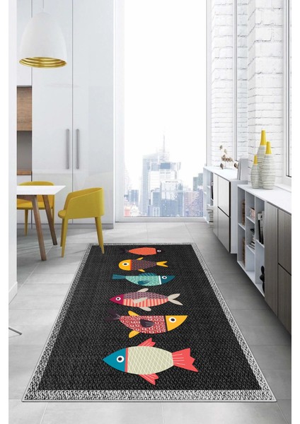 Dijital Baskılı Balık Figürlü Yıkanabilir Kaymaz Yolluk Salon Mutfak Halısı, Mutfak-51-Gri, modelleri