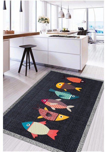 Dijital Baskılı Balık Figürlü Yıkanabilir Kaymaz Yolluk Salon Mutfak Halısı, Mutfak-51-Lacivert, fırsatları