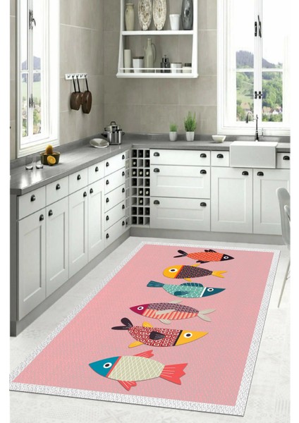 Dijital Baskılı Balık Figürlü Yıkanabilir Kaymaz Yolluk Salon Mutfak Halısı, Mutfak-51-Pembe, fiyatları
