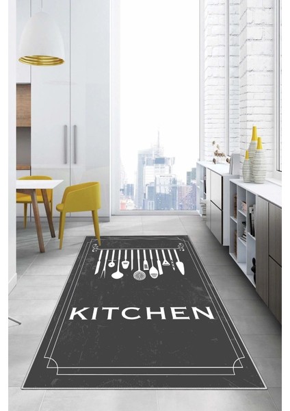 Baskılı Çatal Bıçak Desenli Kitchen Yazılı Yıkanabilir Kaymaz Salon Mutfak Halısı, Mutfak-68-Gri,