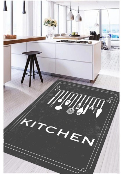 Baskılı Çatal Bıçak Desenli Kitchen Yazılı Yıkanabilir Kaymaz Salon Mutfak Halısı, Mutfak-68-Gri, fiyatları