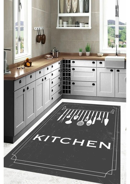 Baskılı Çatal Bıçak Desenli Kitchen Yazılı Yıkanabilir Kaymaz Salon Mutfak Halısı, Mutfak-68-Gri, modelleri