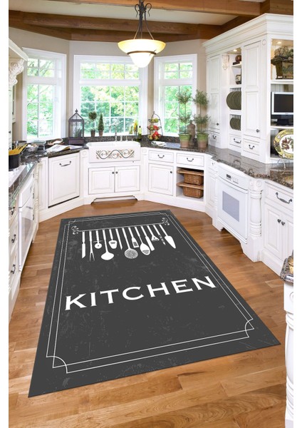 Baskılı Çatal Bıçak Desenli Kitchen Yazılı Yıkanabilir Kaymaz Salon Mutfak Halısı, Mutfak-68-Gri, fırsatları