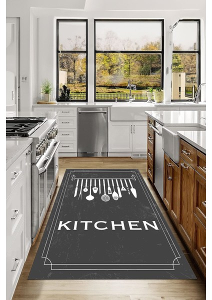 Baskılı Çatal Bıçak Desenli Kitchen Yazılı Yıkanabilir Kaymaz Salon Mutfak Halısı, Mutfak-68-Gri, indirimleri