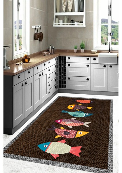Dijital Baskılı Balık Figürlü Yıkanabilir Kaymaz Yolluk Salon Mutfak Halısı, Mutfak-51-Kahve, indirimleri